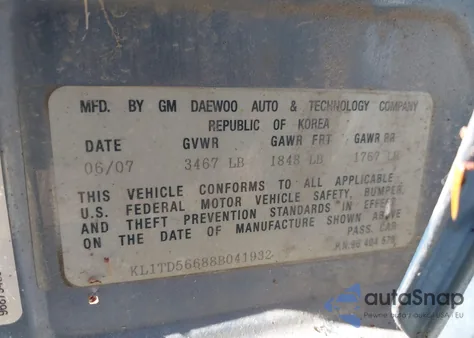 2008 Chevrolet Aveo Ls from USA, damaged, VIN KL1TD56688B041932